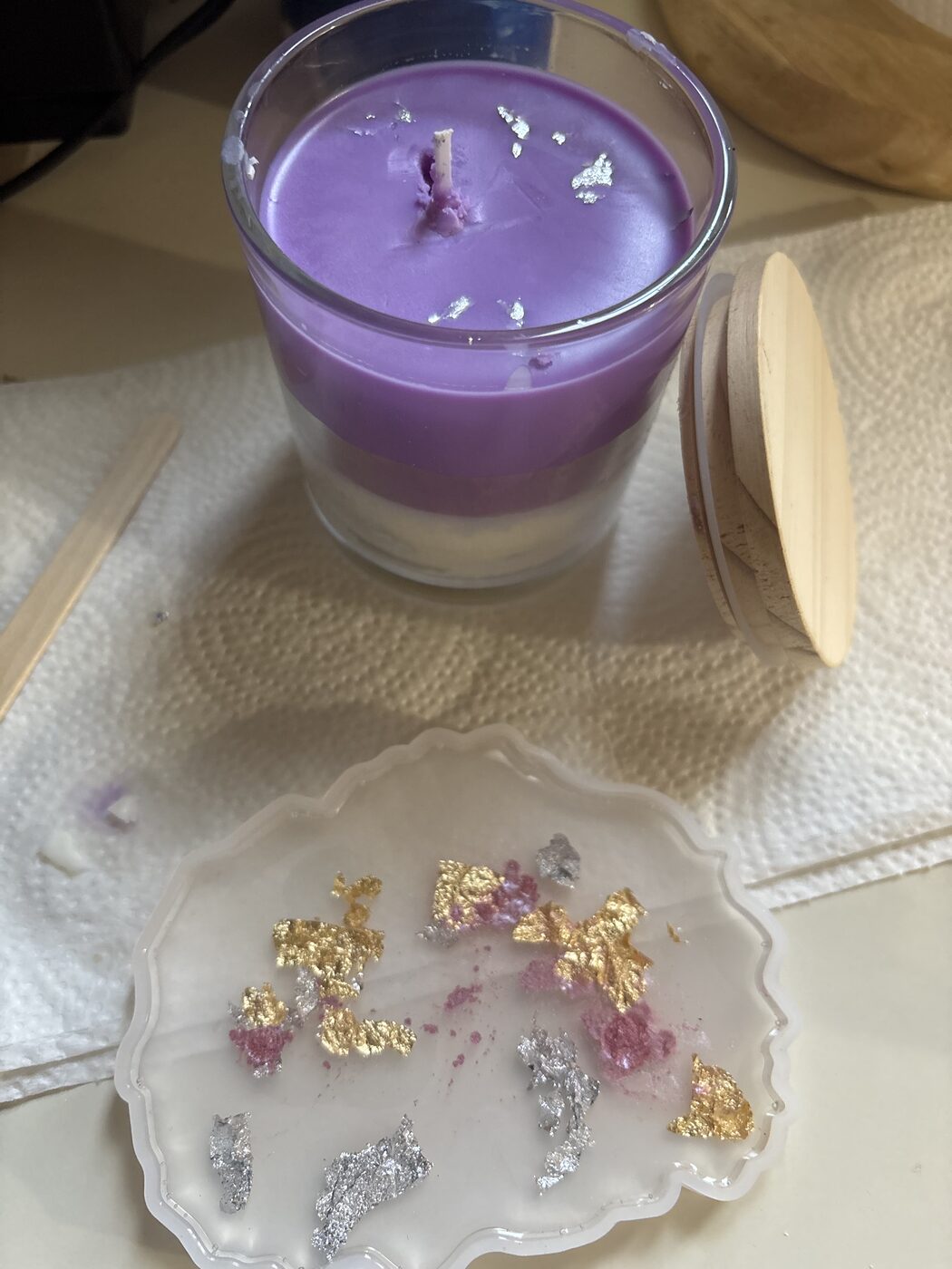 Lavender layered candle & foil coaster